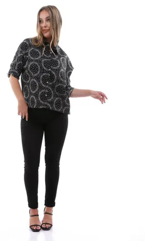 95419 Casual Self Pattern Full Buttoned Black Shirt