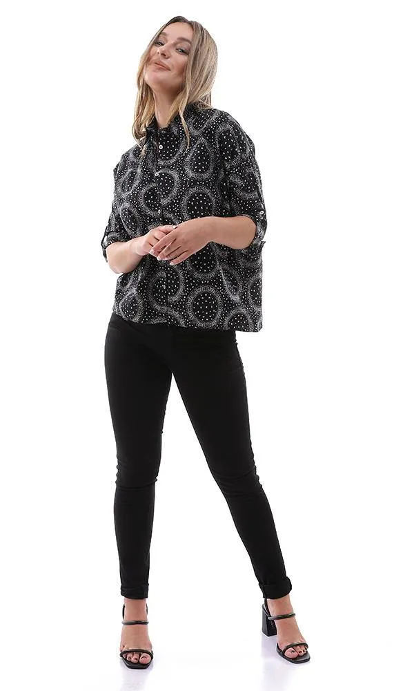95419 Casual Self Pattern Full Buttoned Black Shirt