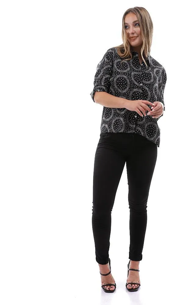 95419 Casual Self Pattern Full Buttoned Black Shirt
