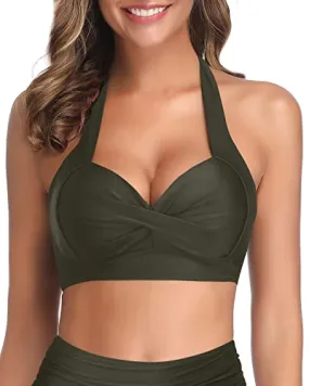 Adjustable Halter Neck Push Up Bikini Top Only-Army Green