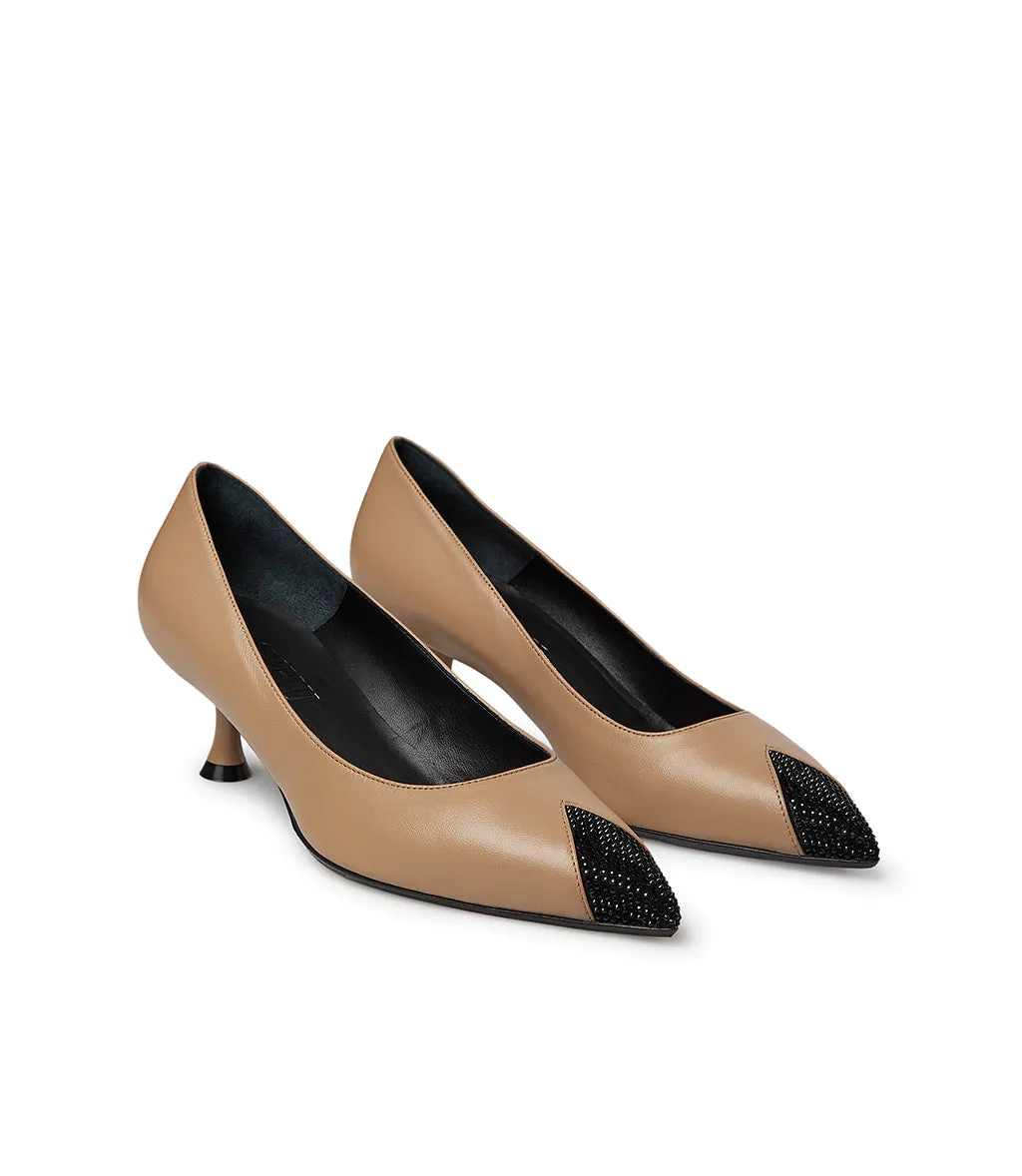 black rhinestone clay-tone nappa leather pumps