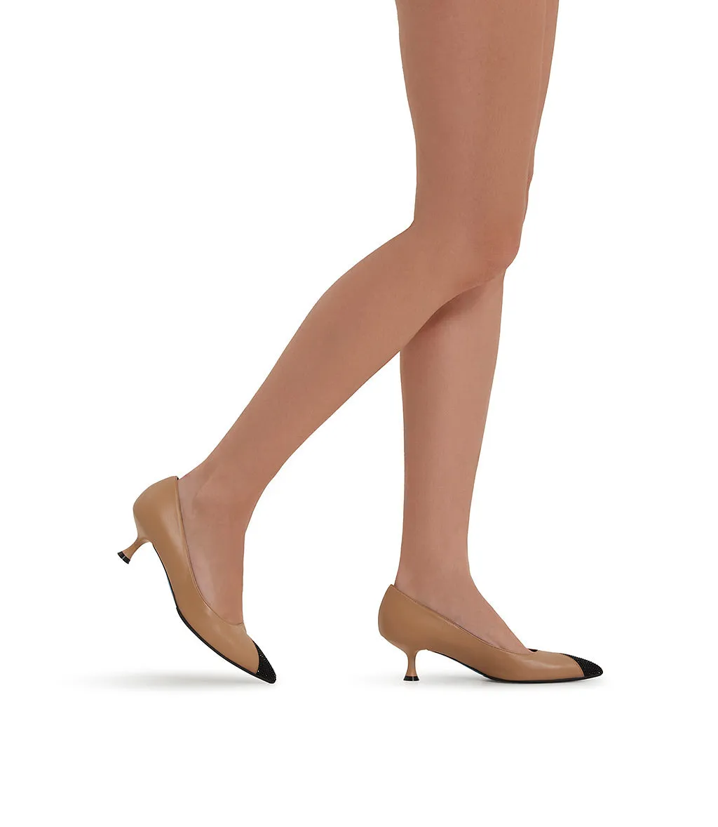 black rhinestone clay-tone nappa leather pumps