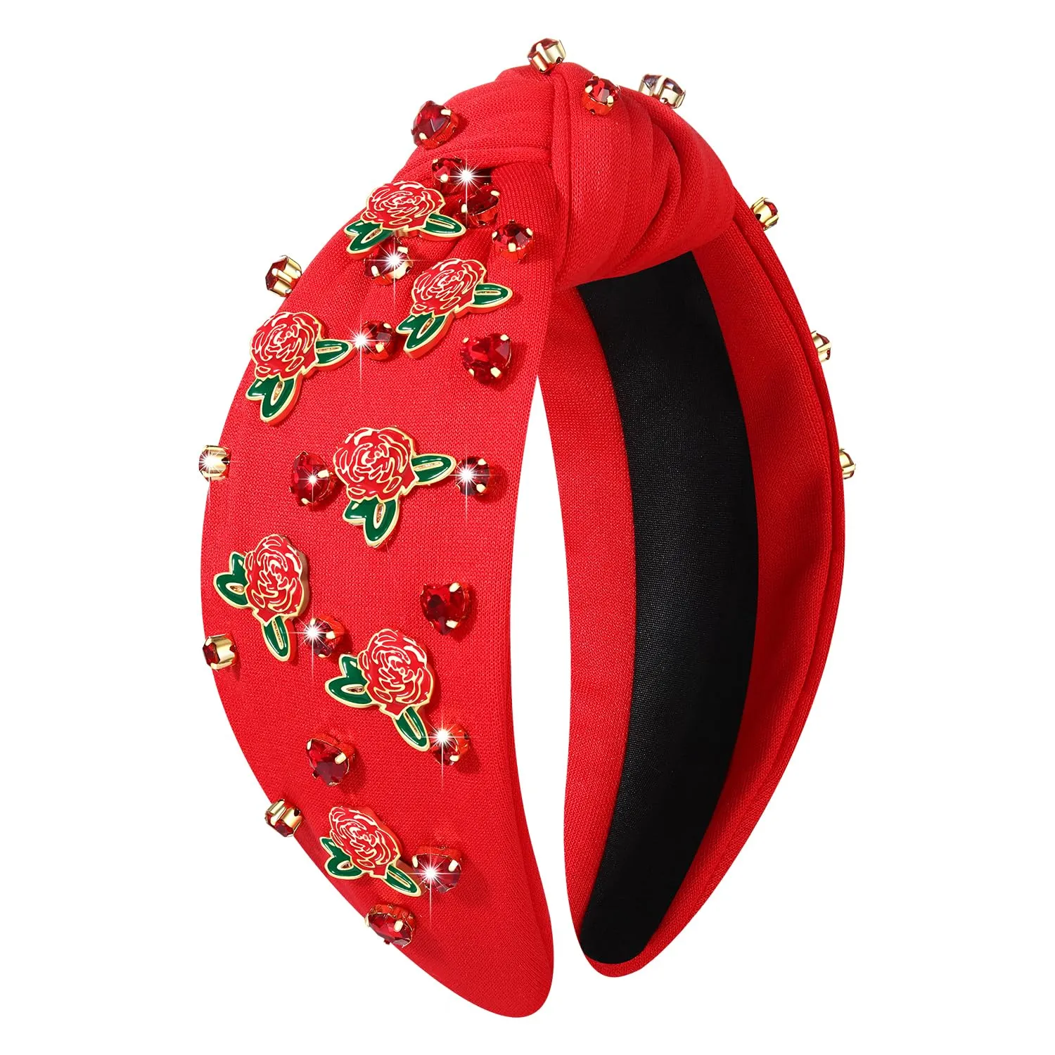 boderier Derby Headbands for Women Red Rose Headband Jewele Crystal Embellished Knotted Headband Race Day Headband Racing Fan Headwear Accessories
