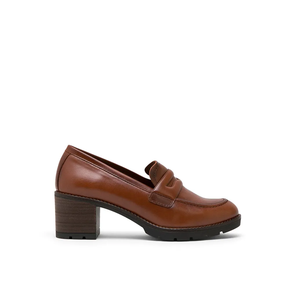 Brown Leather Mid Heel Loafers