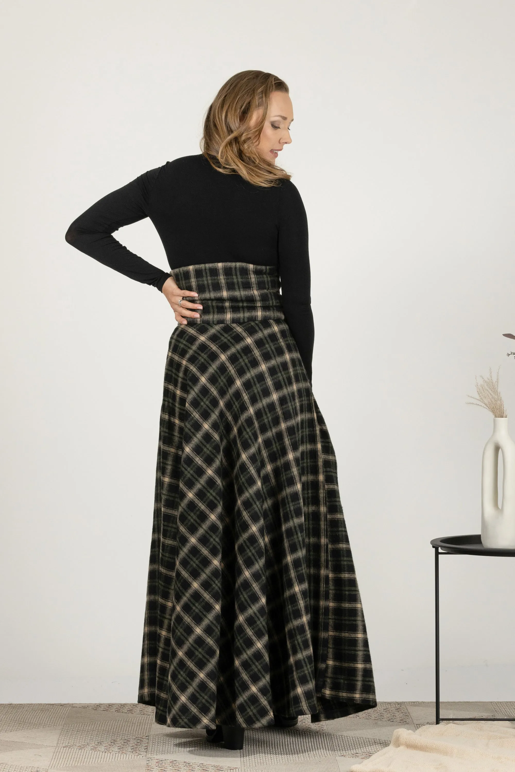 Brown Plaid Winter Wool Maxi Skirt