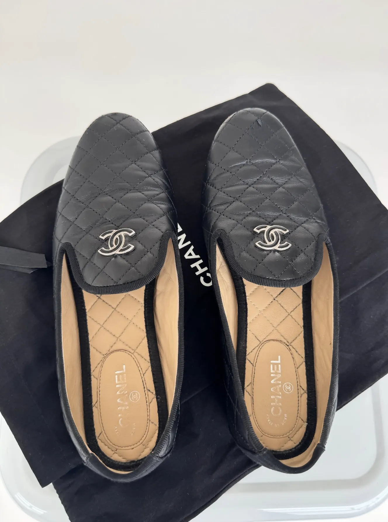 Chanel Black Quilted Leather CC Smoking Slippers (Loafers)