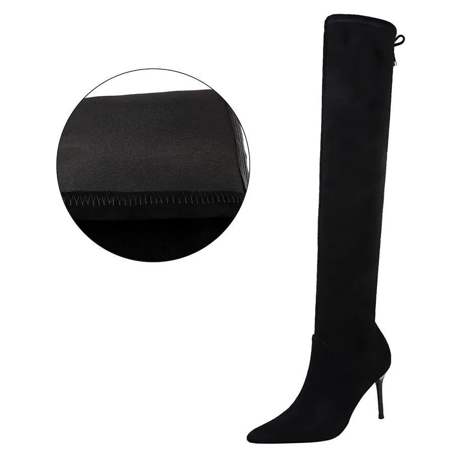 Chicvane Suede Pointed Toe Thigh High Boots Stiletto Heel Over The Knee Boots