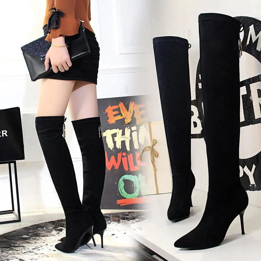 Chicvane Suede Pointed Toe Thigh High Boots Stiletto Heel Over The Knee Boots