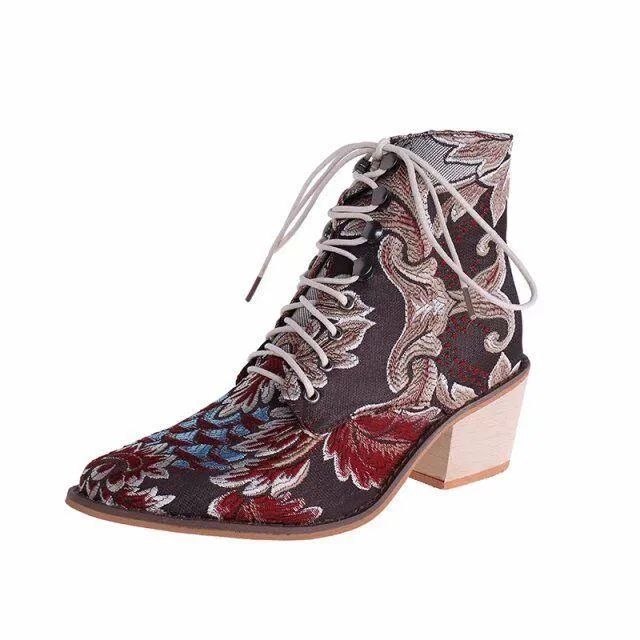 Chicvane Vintage Print Embroidered Pointed Toe Lace Up Ankle Boots