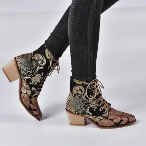 Chicvane Vintage Print Embroidered Pointed Toe Lace Up Ankle Boots