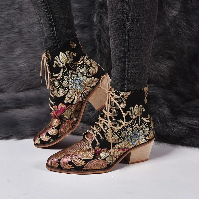 Chicvane Vintage Print Embroidered Pointed Toe Lace Up Ankle Boots