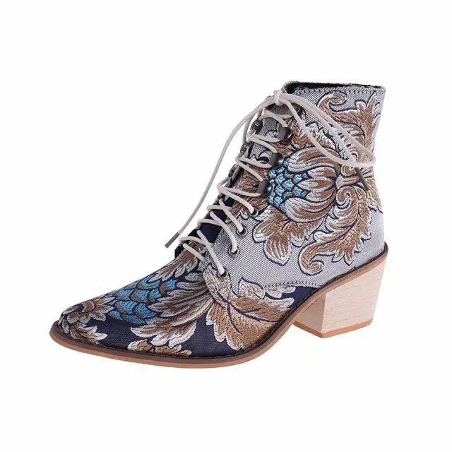 Chicvane Vintage Print Embroidered Pointed Toe Lace Up Ankle Boots