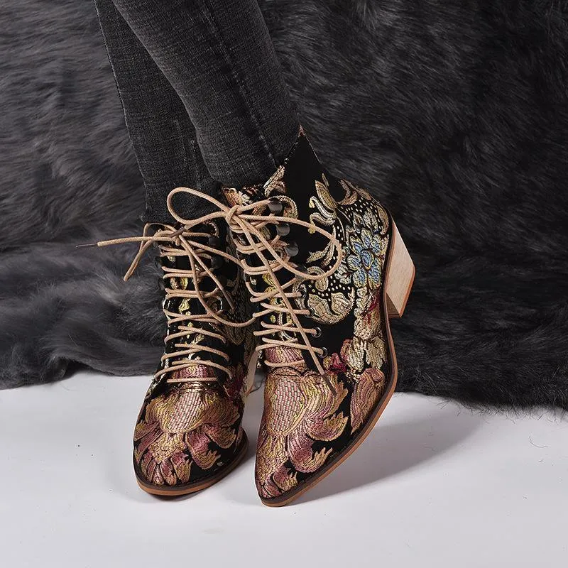 Chicvane Vintage Print Embroidered Pointed Toe Lace Up Ankle Boots