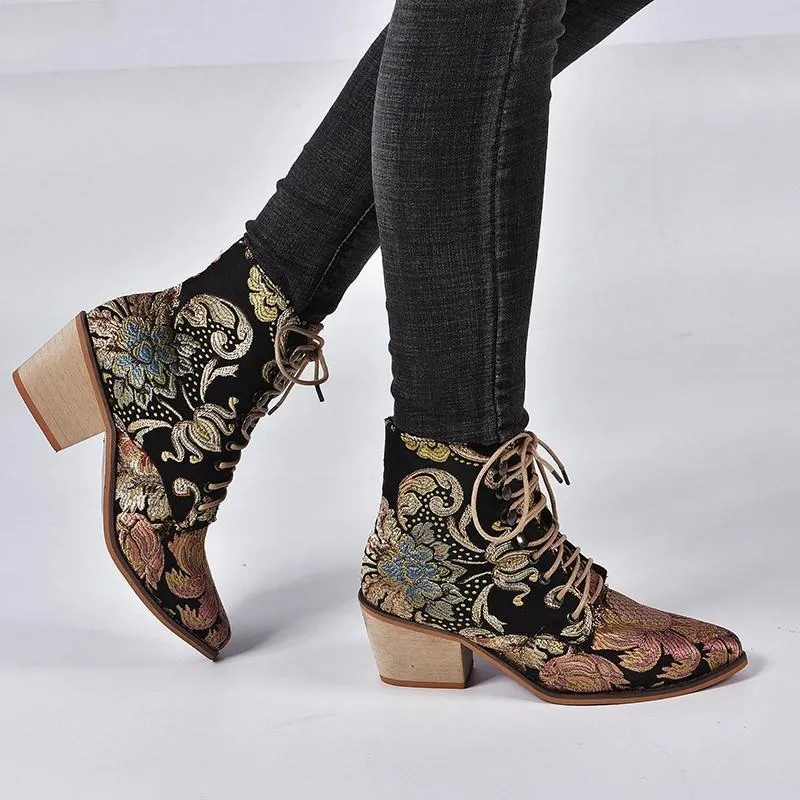 Chicvane Vintage Print Embroidered Pointed Toe Lace Up Ankle Boots