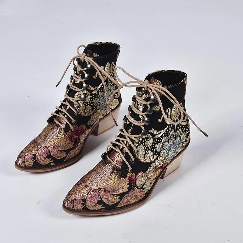 Chicvane Vintage Print Embroidered Pointed Toe Lace Up Ankle Boots