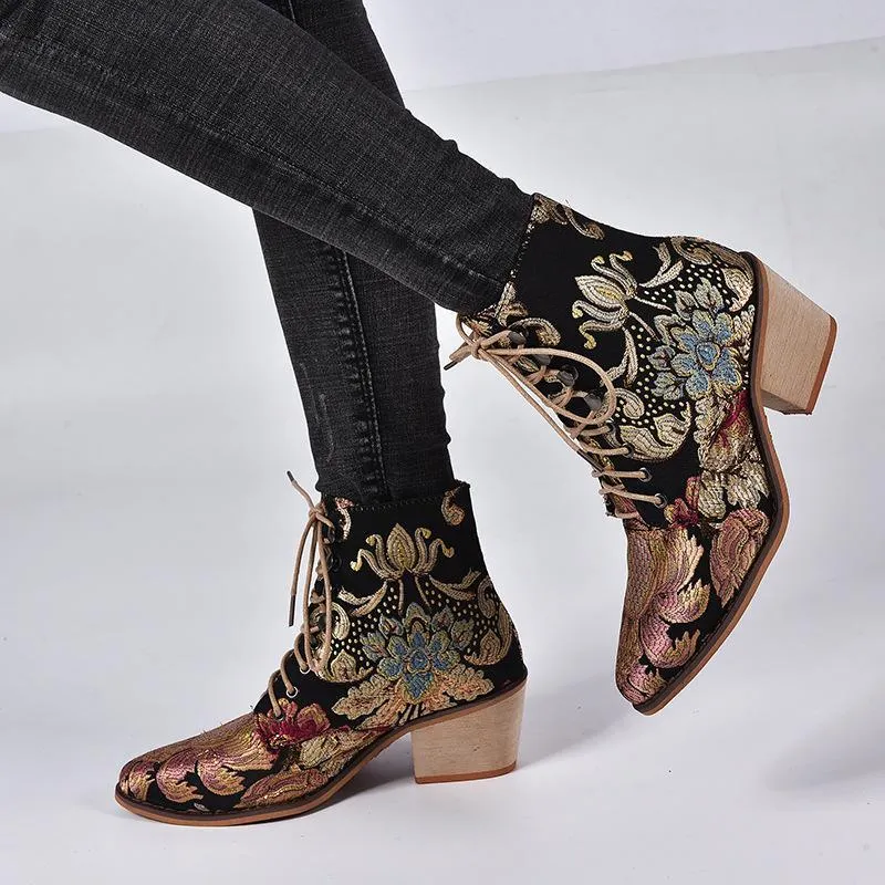Chicvane Vintage Print Embroidered Pointed Toe Lace Up Ankle Boots