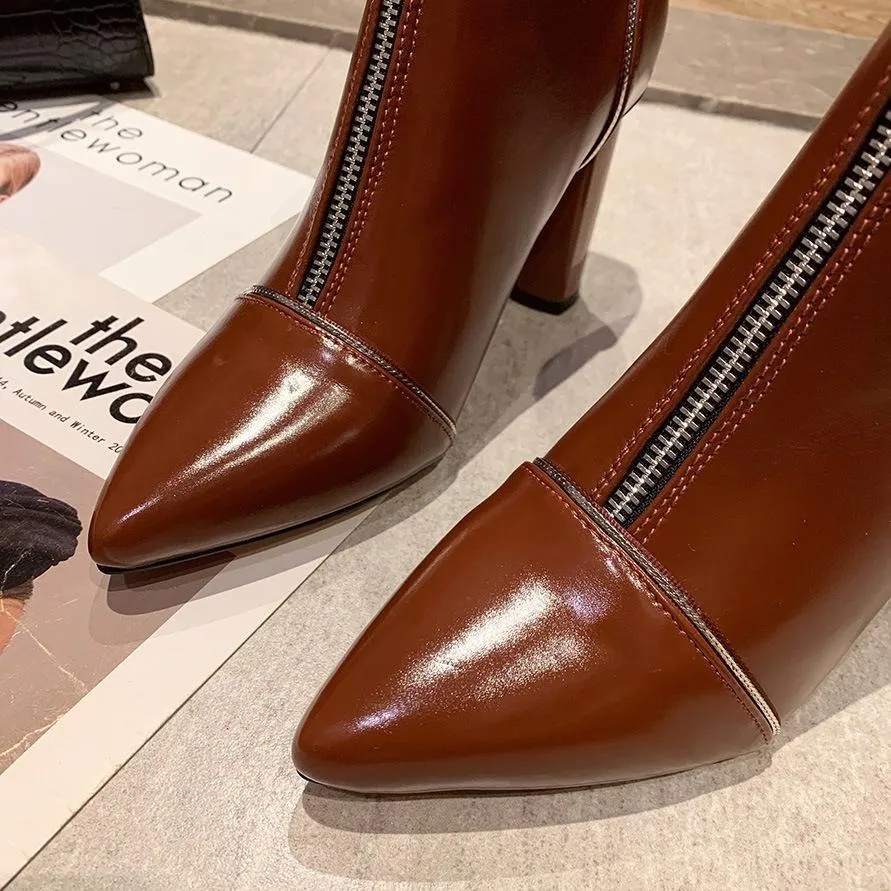 Chicvane Womens Pointed Toe Chunky Heel Zipper Boots