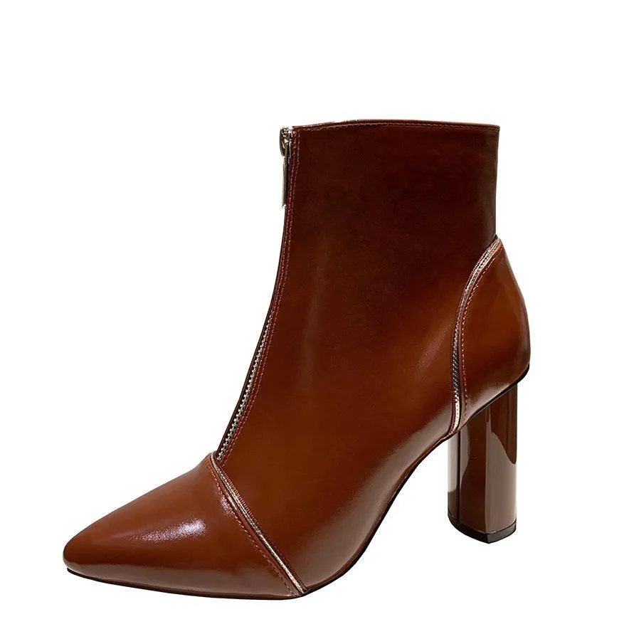 Chicvane Womens Pointed Toe Chunky Heel Zipper Boots