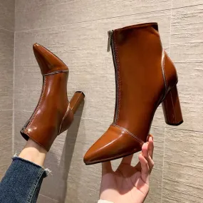 Chicvane Womens Pointed Toe Chunky Heel Zipper Boots
