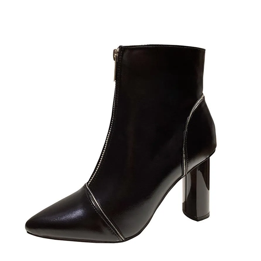 Chicvane Womens Pointed Toe Chunky Heel Zipper Boots