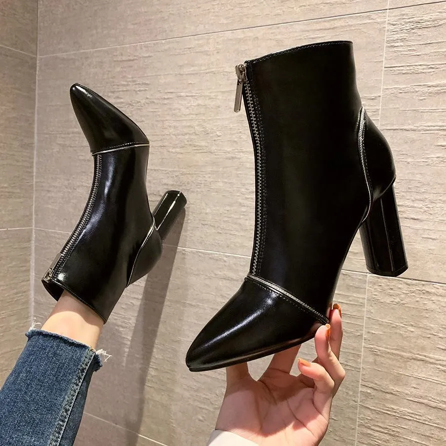 Chicvane Womens Pointed Toe Chunky Heel Zipper Boots