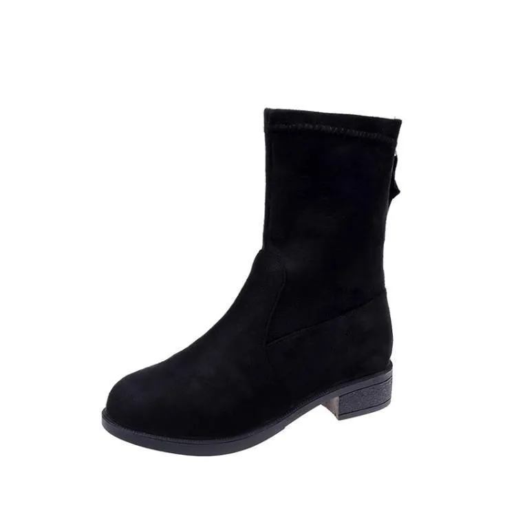 Chicvane Womens Suede Round Toe Flat Heels Mid Calf Boots