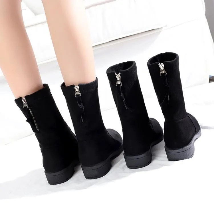 Chicvane Womens Suede Round Toe Flat Heels Mid Calf Boots