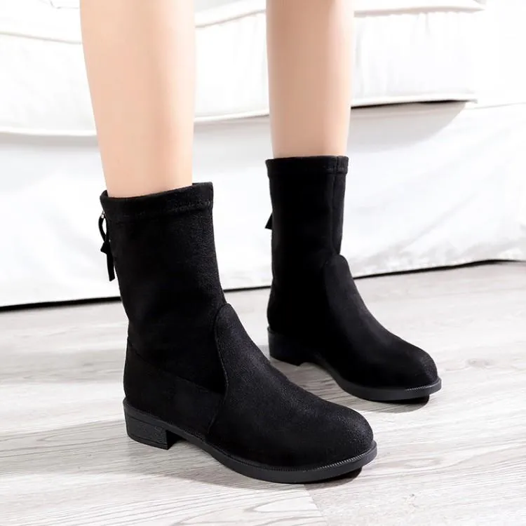 Chicvane Womens Suede Round Toe Flat Heels Mid Calf Boots