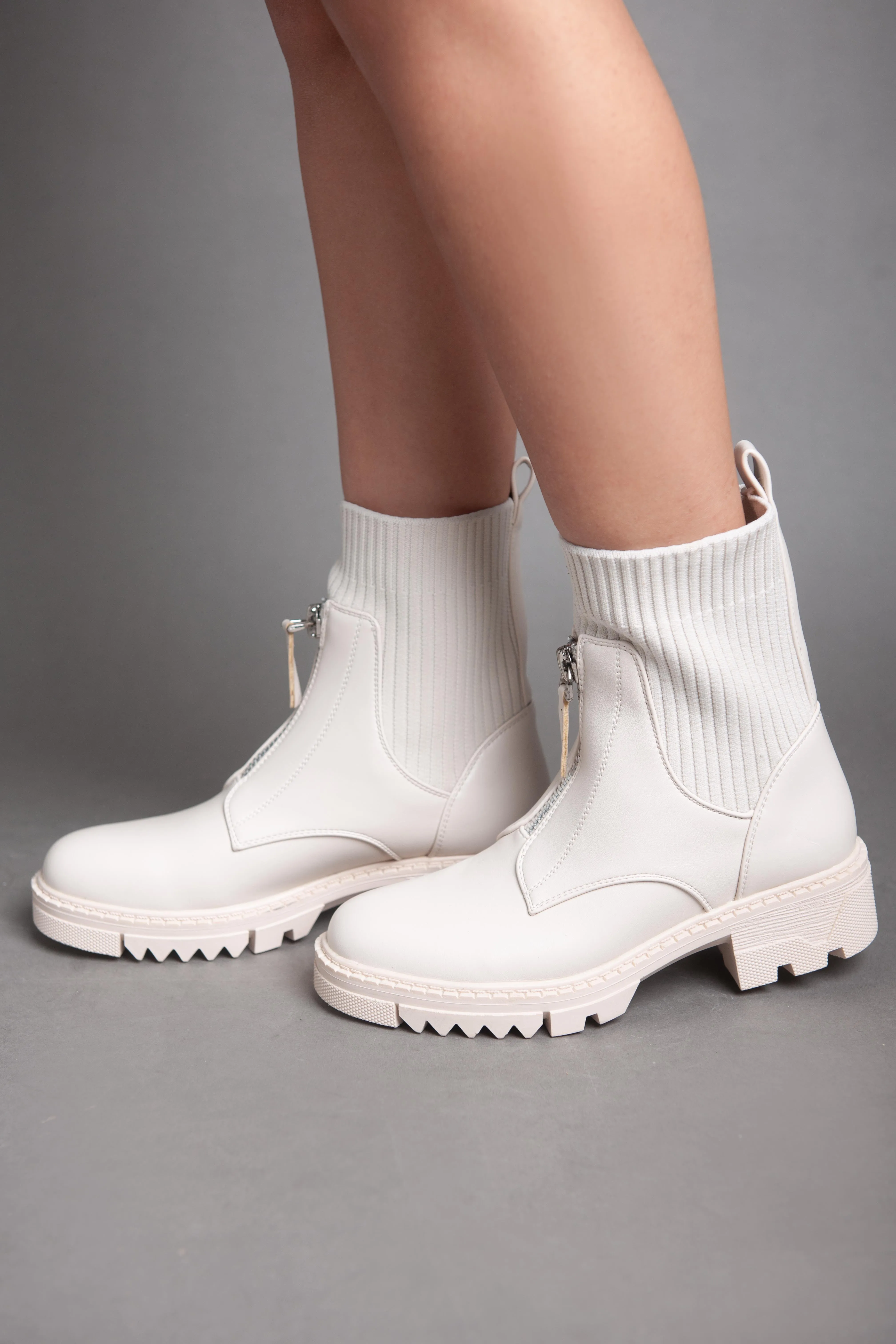 Chunky Zip Up Ankle Boots - Beige