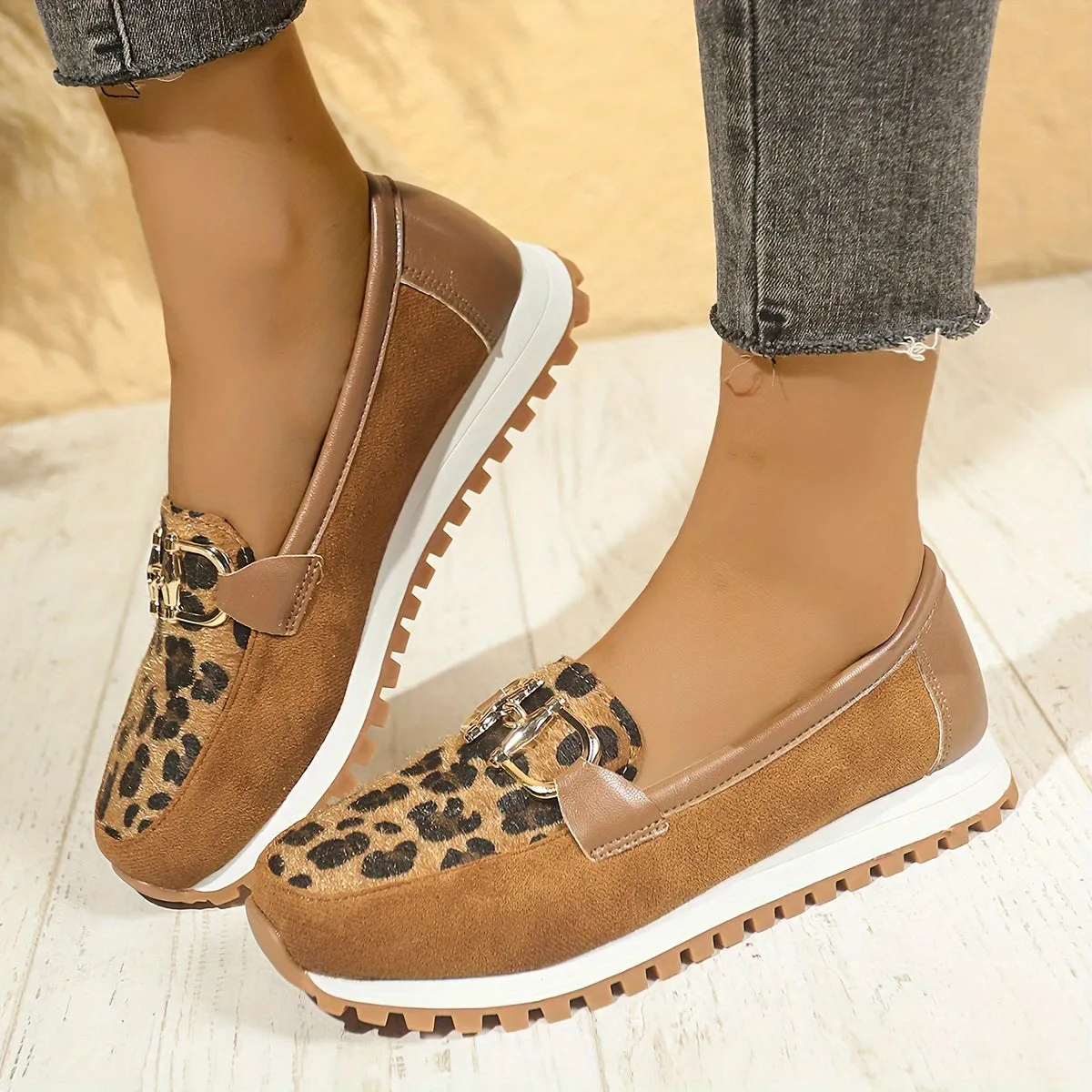 Dames slip-on loafers-leopard patroon, slipproof en handig