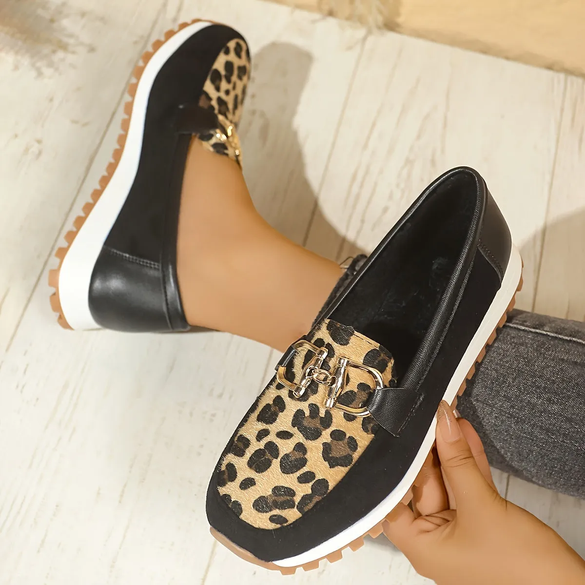 Dames slip-on loafers-leopard patroon, slipproof en handig