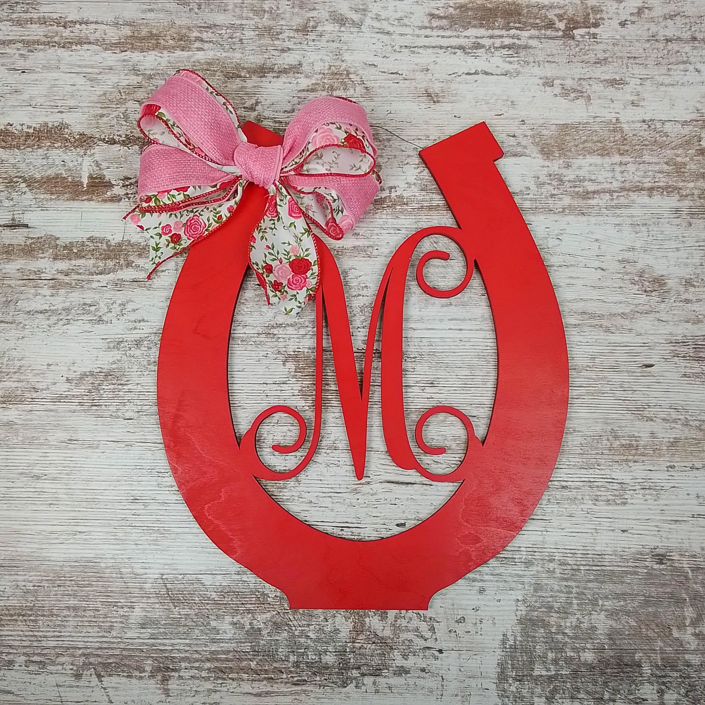 Derby Party Decor | Wooden Horseshoe Monogram Door Hanger | Red Pink White Roses