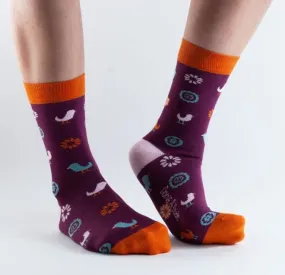 Doris & Dude Womens Bamboo Socks - Burgundy / Retro Bird