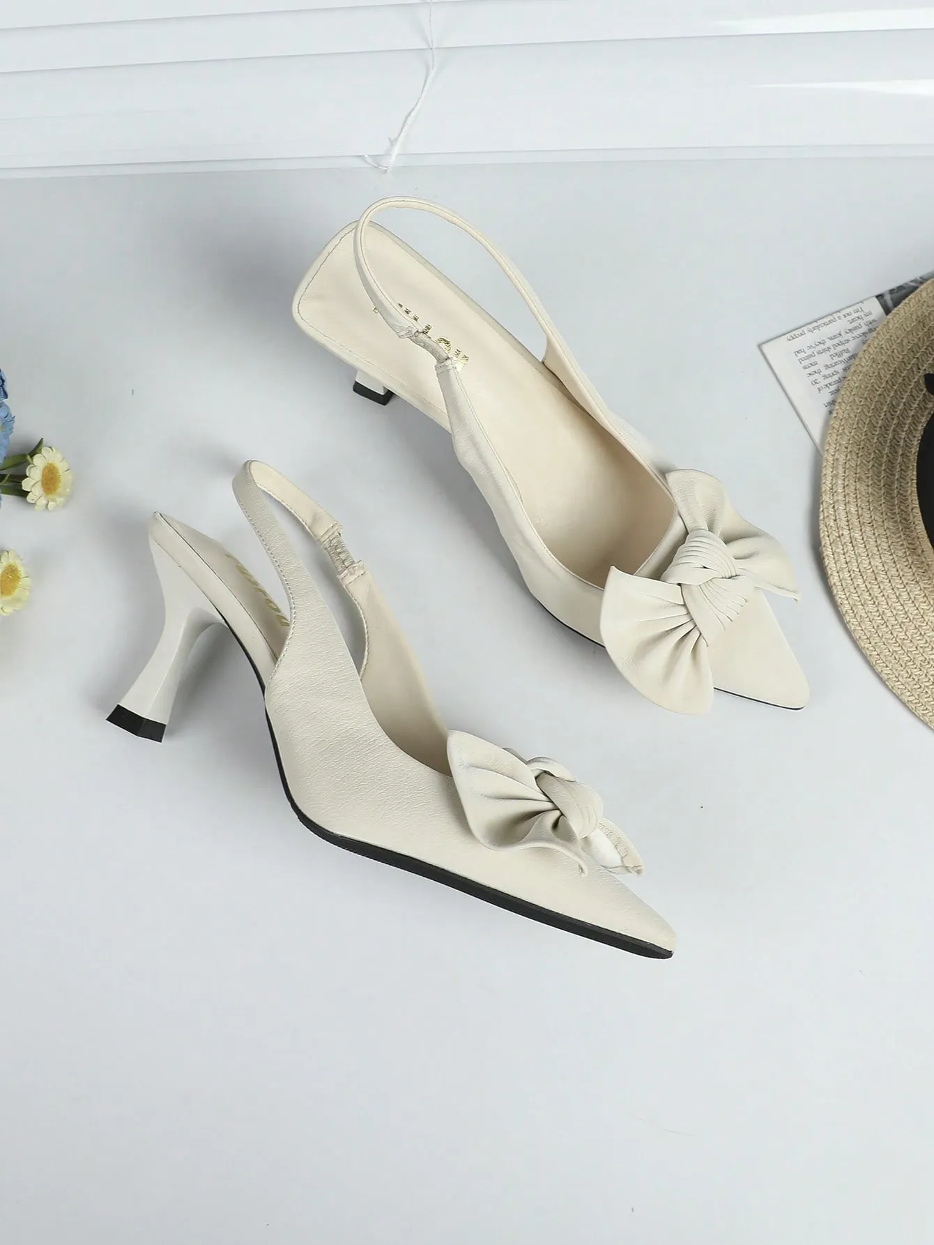 Elegant Black Pumps For Women, Bow Detail Point Toe Stiletto Heeled Slingback Pumps