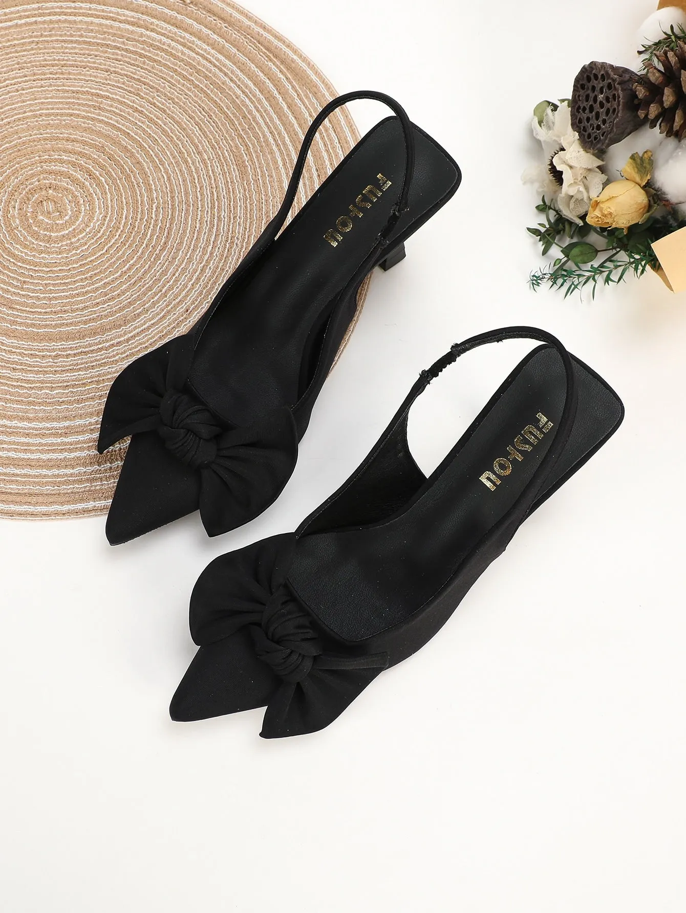 Elegant Black Pumps For Women, Bow Detail Point Toe Stiletto Heeled Slingback Pumps