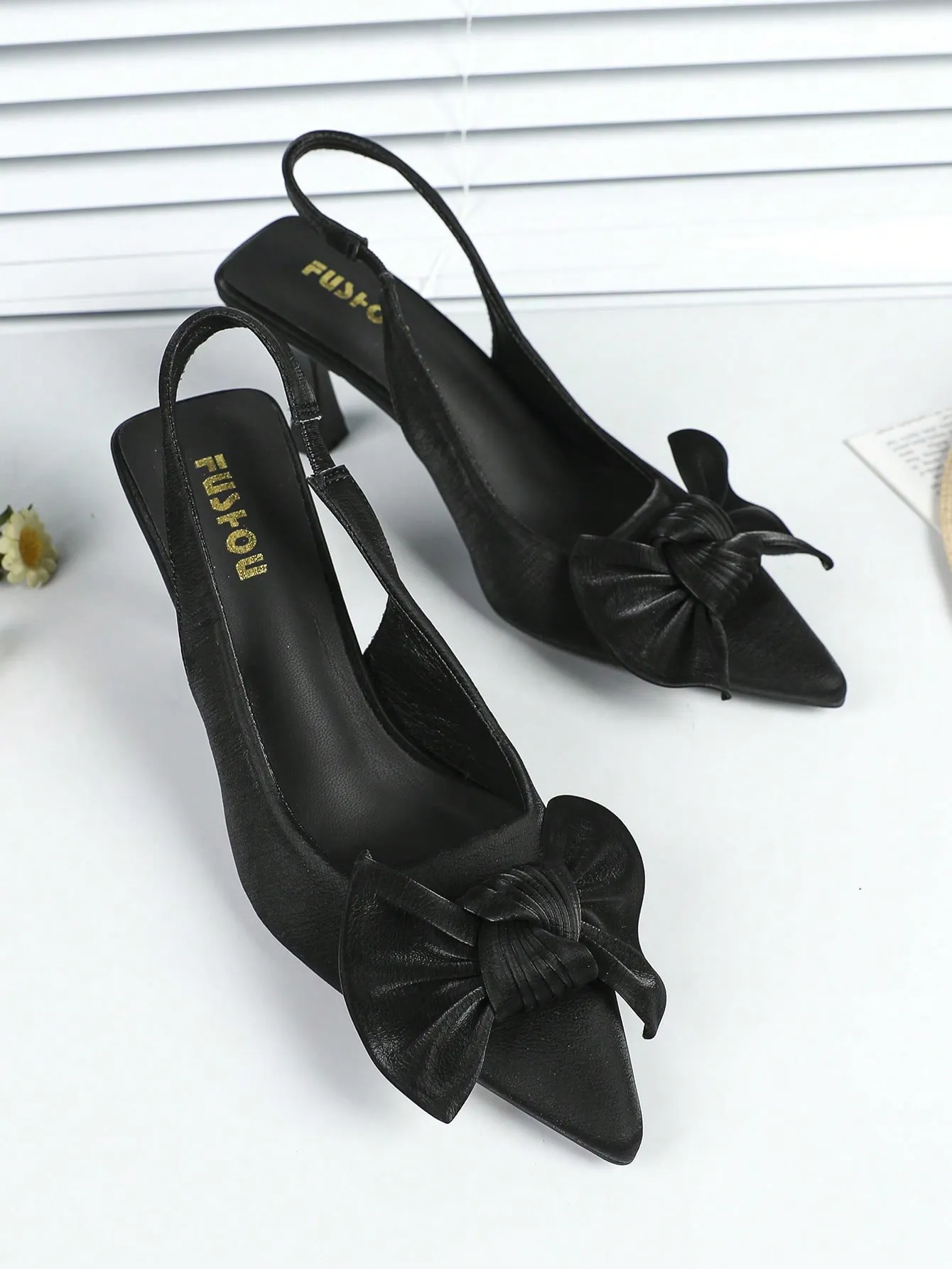 Elegant Black Pumps For Women, Bow Detail Point Toe Stiletto Heeled Slingback Pumps