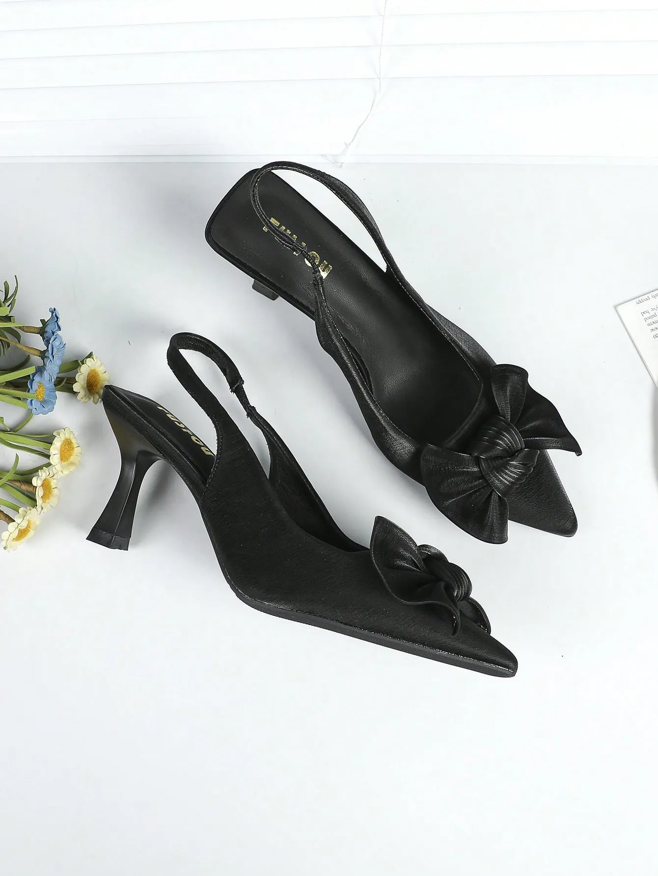 Elegant Black Pumps For Women, Bow Detail Point Toe Stiletto Heeled Slingback Pumps