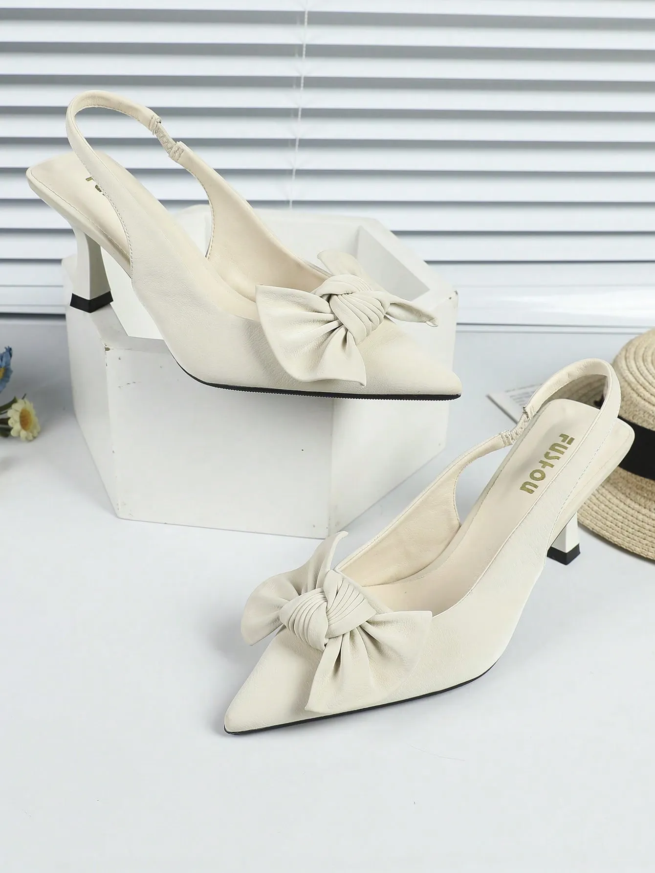Elegant Black Pumps For Women, Bow Detail Point Toe Stiletto Heeled Slingback Pumps