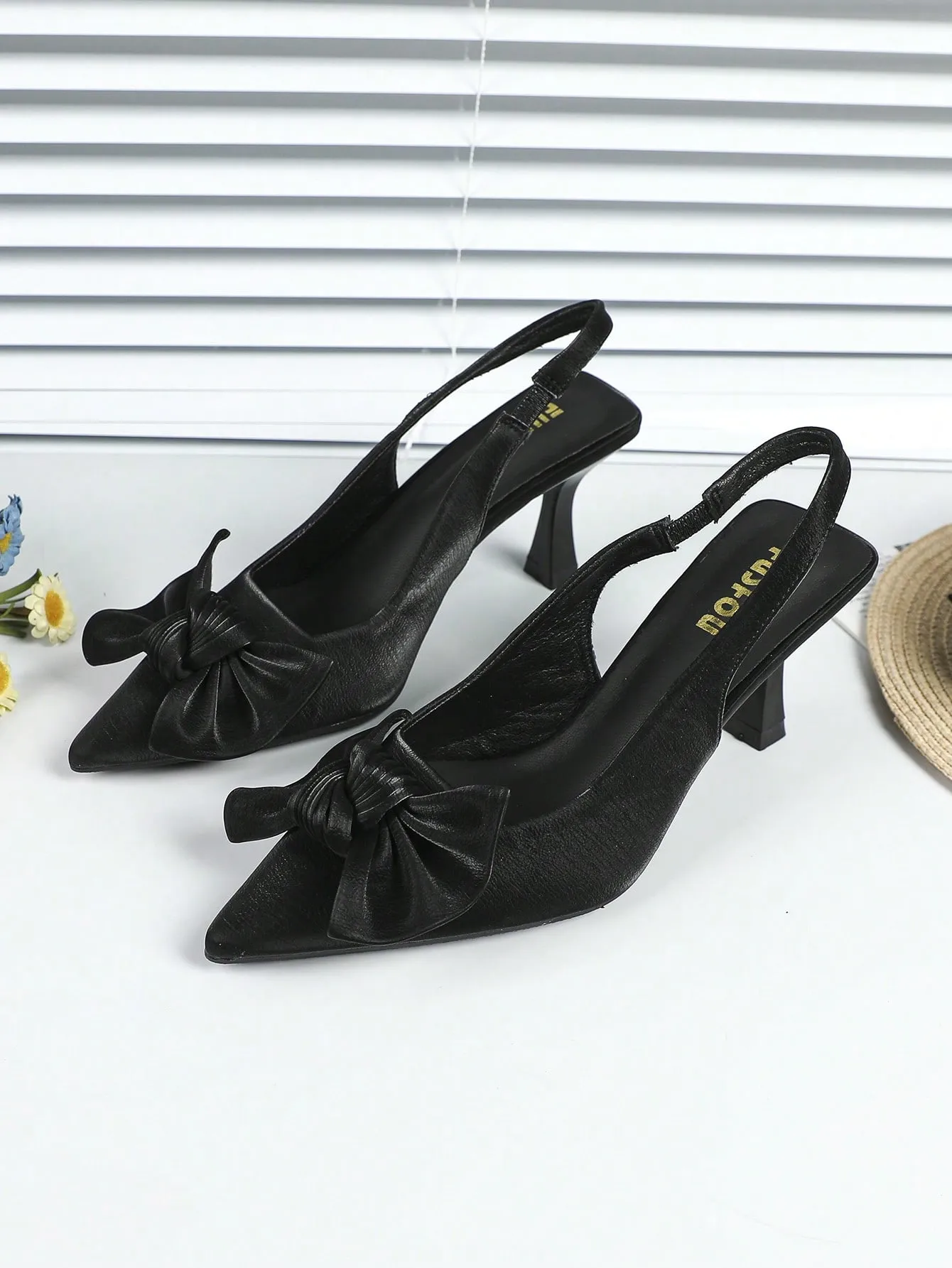 Elegant Black Pumps For Women, Bow Detail Point Toe Stiletto Heeled Slingback Pumps
