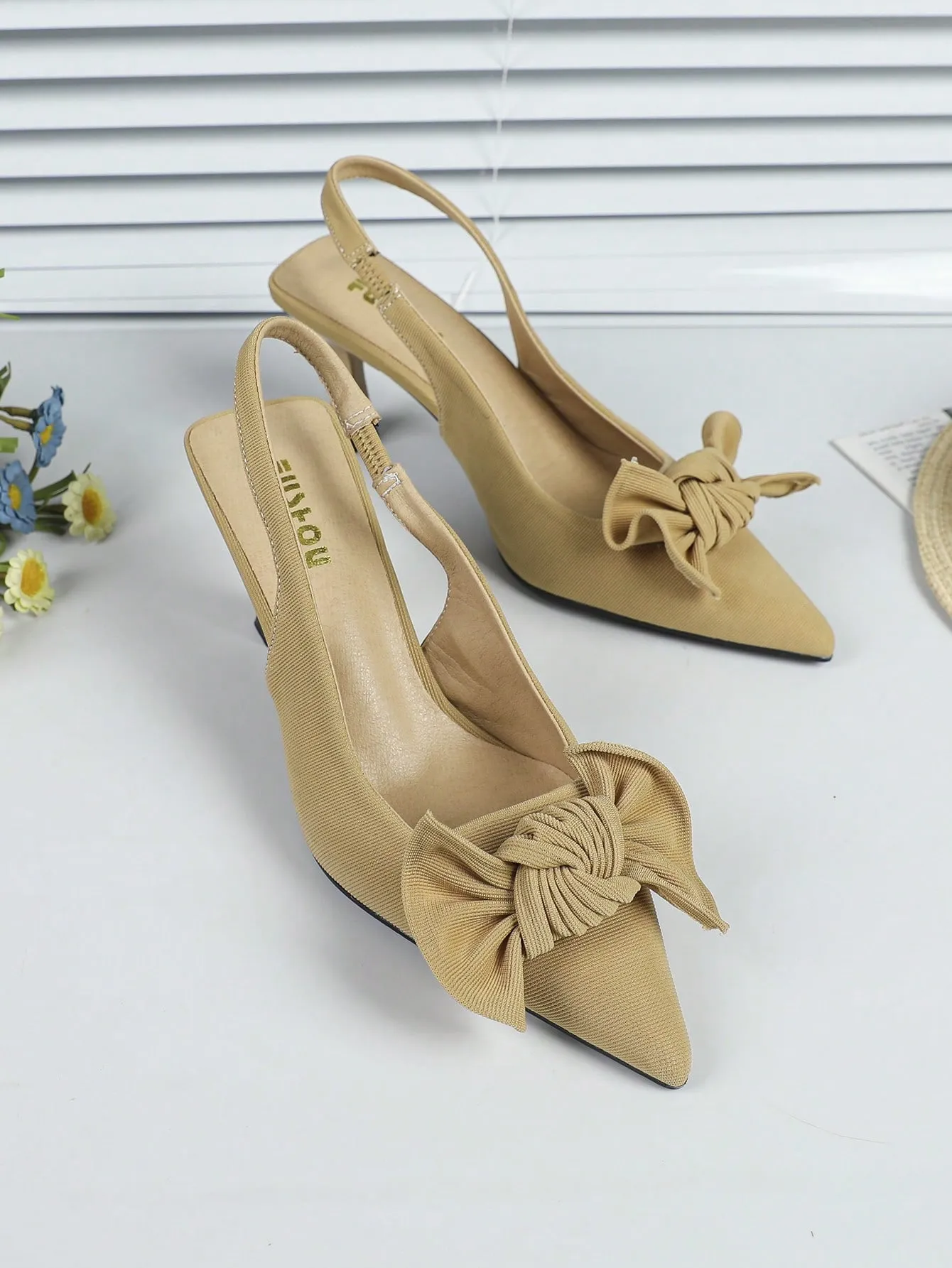 Elegant Black Pumps For Women, Bow Detail Point Toe Stiletto Heeled Slingback Pumps