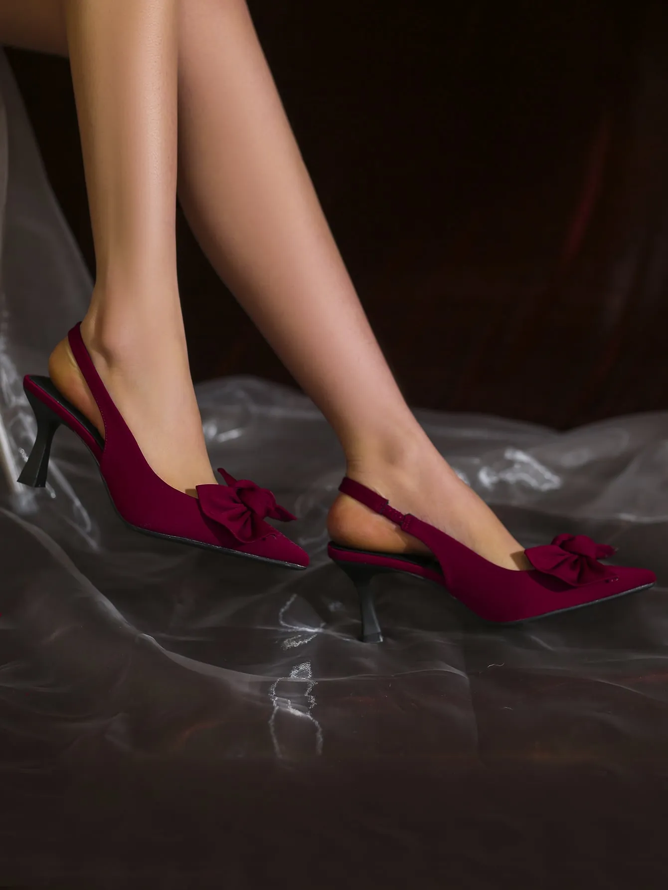 Elegant Black Pumps For Women, Bow Detail Point Toe Stiletto Heeled Slingback Pumps