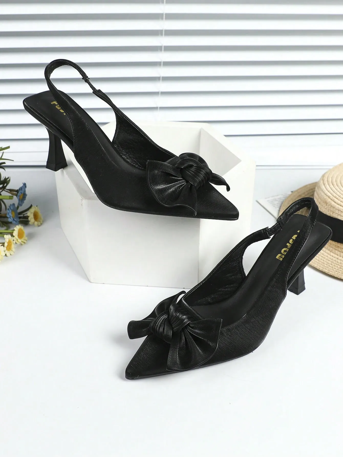 Elegant Black Pumps For Women, Bow Detail Point Toe Stiletto Heeled Slingback Pumps