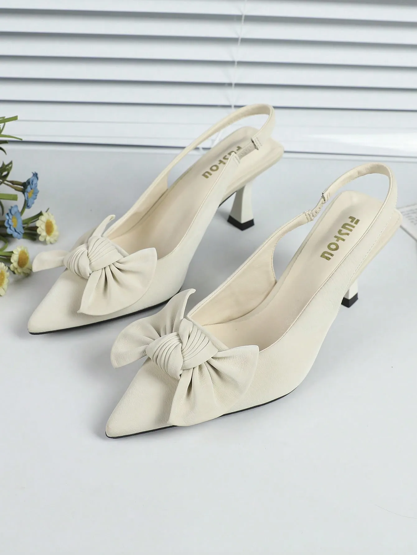 Elegant Black Pumps For Women, Bow Detail Point Toe Stiletto Heeled Slingback Pumps
