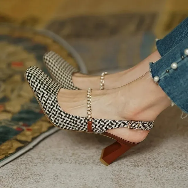 Elegant Summer Style Women Pearl Design Square Toe Pumps Shoes