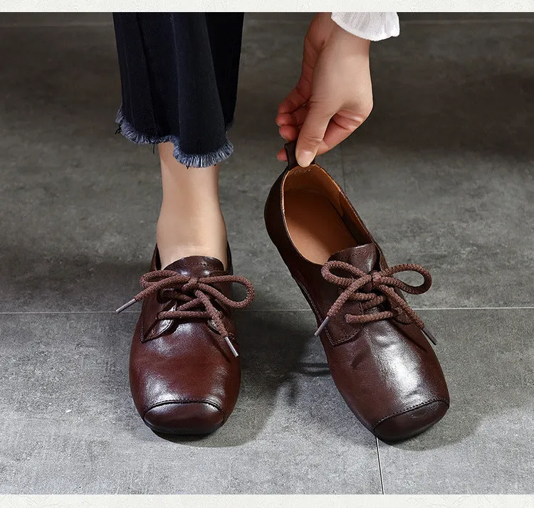Genuine Leather Square Toe Retro Lace Up Flats Women's Shoes