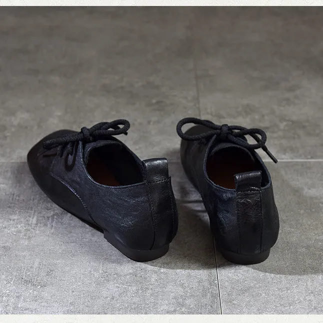 Genuine Leather Square Toe Retro Lace Up Flats Women's Shoes