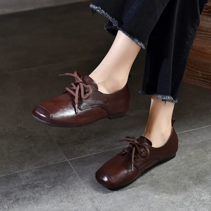 Genuine Leather Square Toe Retro Lace Up Flats Women's Shoes