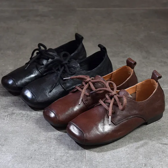 Genuine Leather Square Toe Retro Lace Up Flats Women's Shoes
