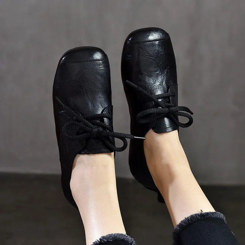 Genuine Leather Square Toe Retro Lace Up Flats Women's Shoes