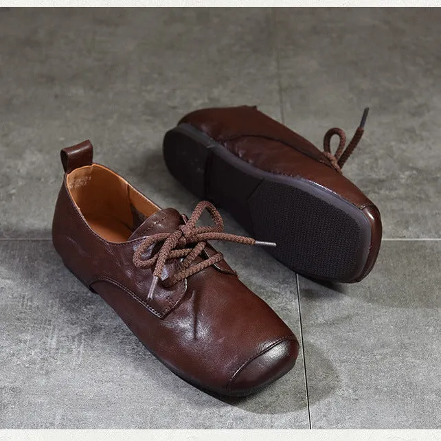 Genuine Leather Square Toe Retro Lace Up Flats Women's Shoes